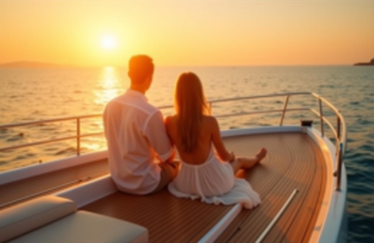 Couple relaxing on a luxury yacht at sunset