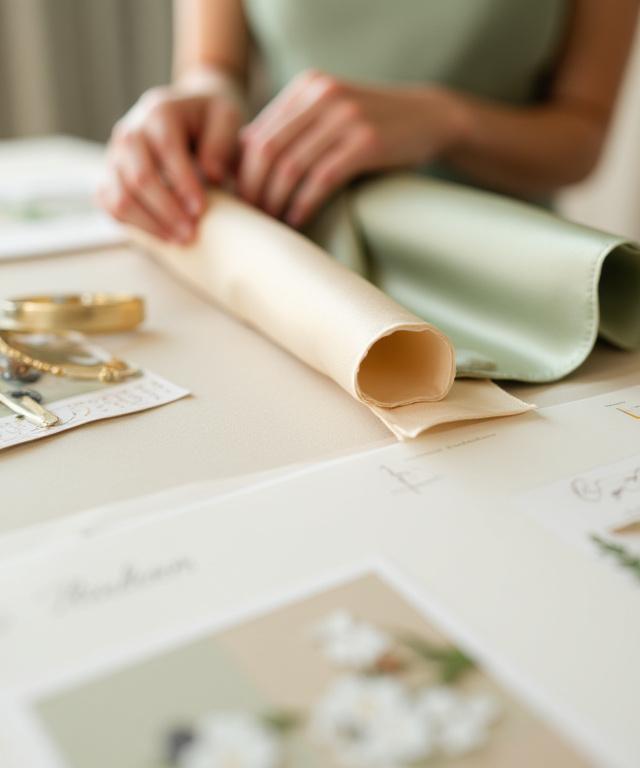 A wedding planner meticulously arranging luxury fabric samples